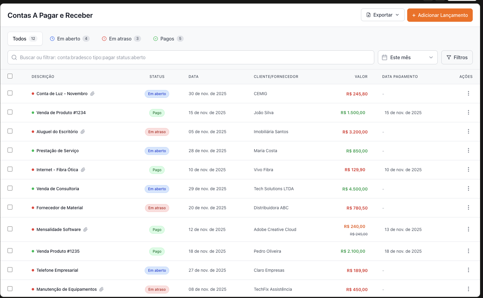 Tela de Contas a Pagar e Receber do NoLucro